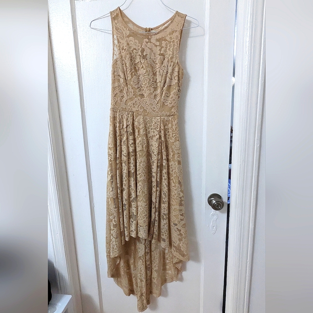 Champagne High Low Illusion Sweetheart Neckline Lace Dress
